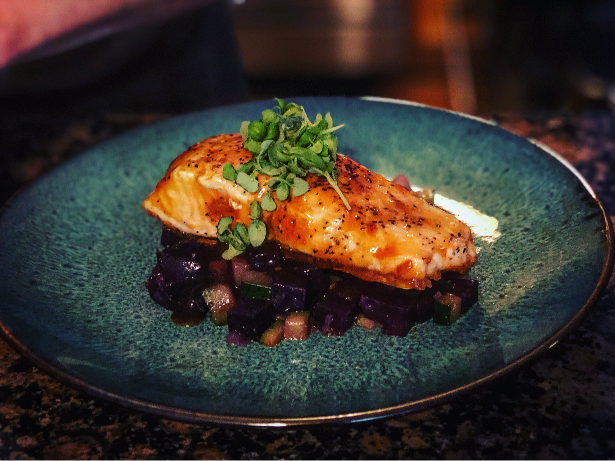 Ginger Glazed Salmon over Spicy Vegetable Succotash