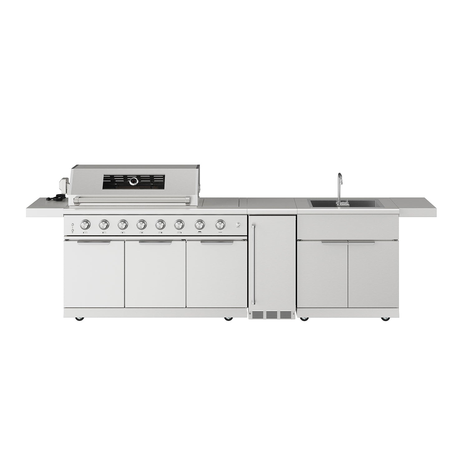 10 ft. Outdoor Kitchen Island Gas Grill with Side Burner, Sink & Built-In Ice Maker with Water Filter in Stainless Steel