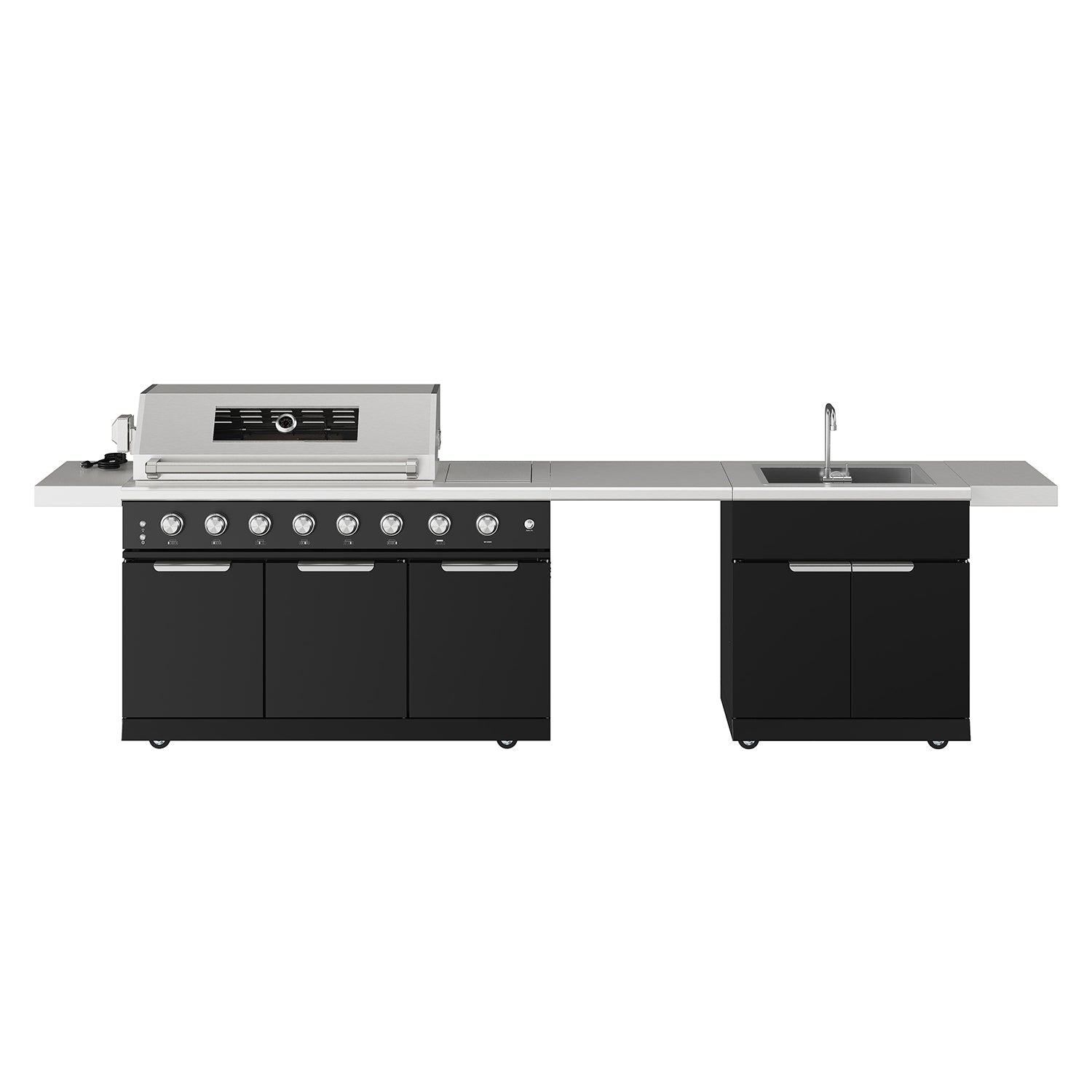 10 ft. Outdoor Kitchen Island with Gas Grill & Side Burner, Sink & Drawer 77,000 BTU – Black
