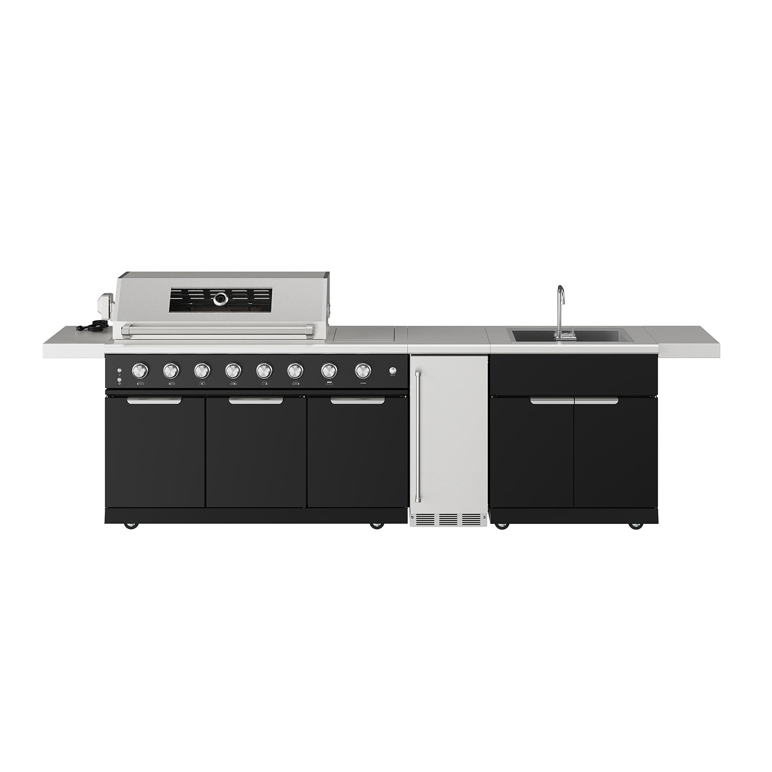 10 ft. Outdoor Kitchen Island Gas Grill with Side Burner, Sink & Built-In Ice Maker with Water Filter in Black