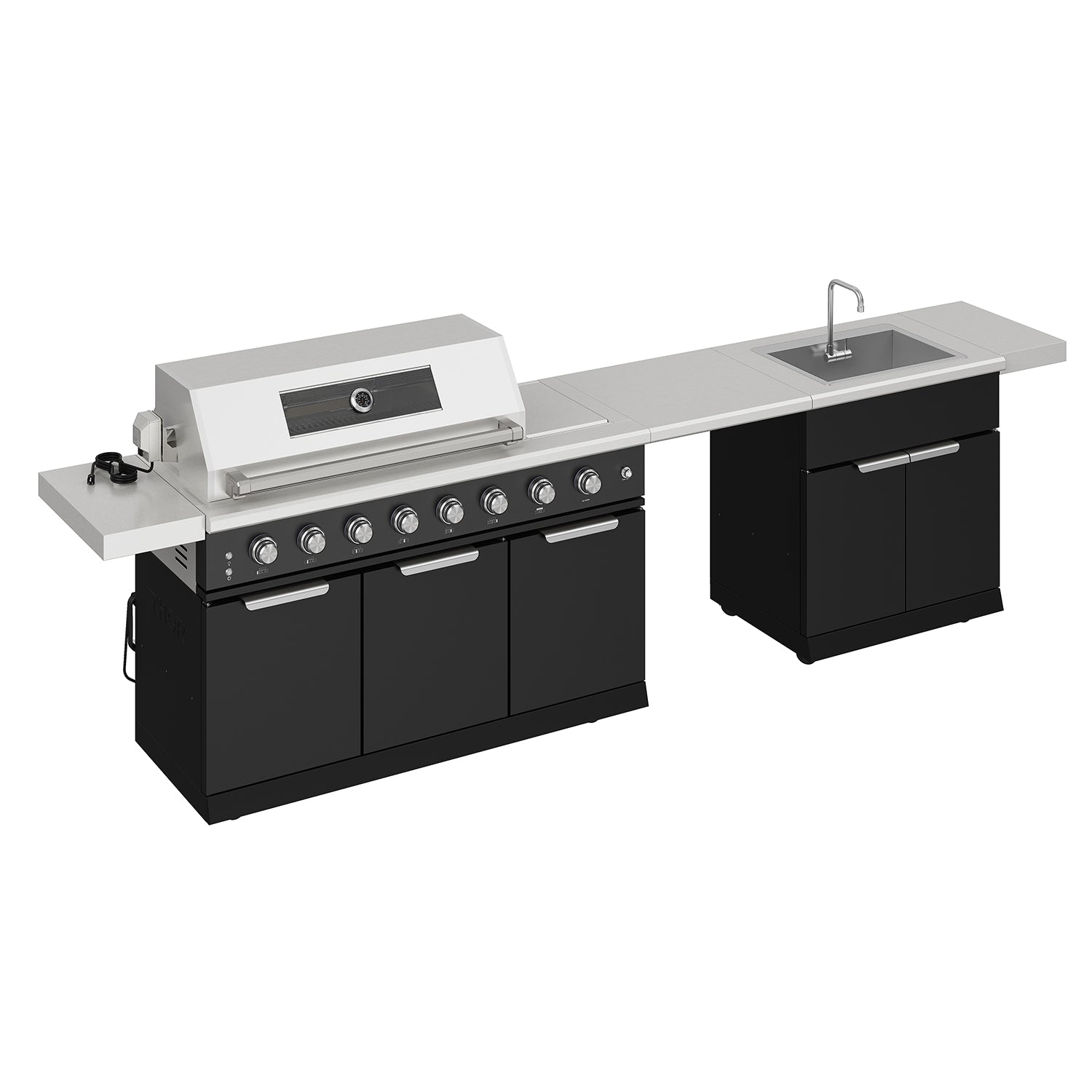10 ft. Outdoor Kitchen Island with Gas Grill & Side Burner, Sink & Drawer 77,000 BTU – Black