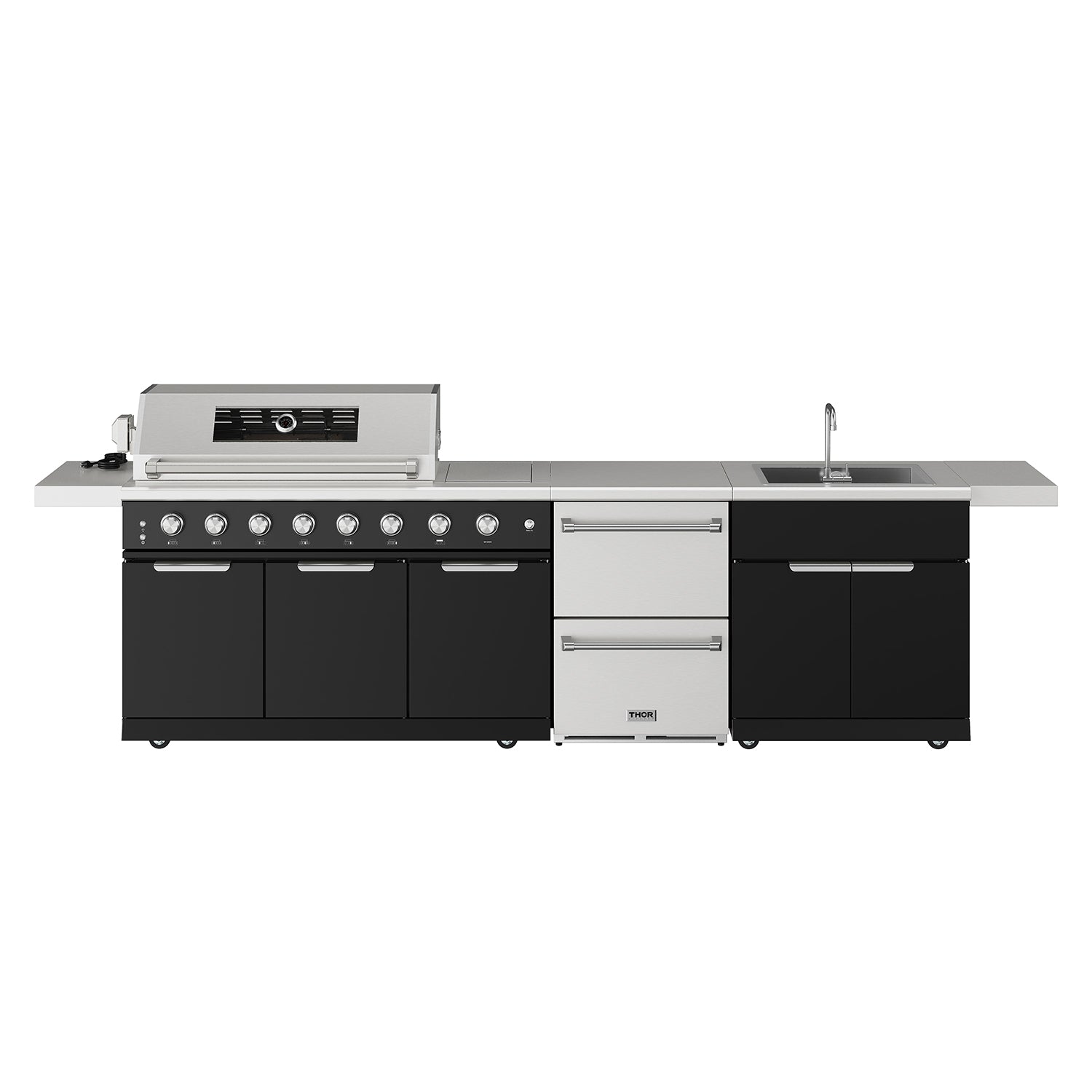 10 ft. Outdoor Kitchen Island Gas Grill with Side Burner, Sink & Undercounter Double Drawer Refrigerator in Black