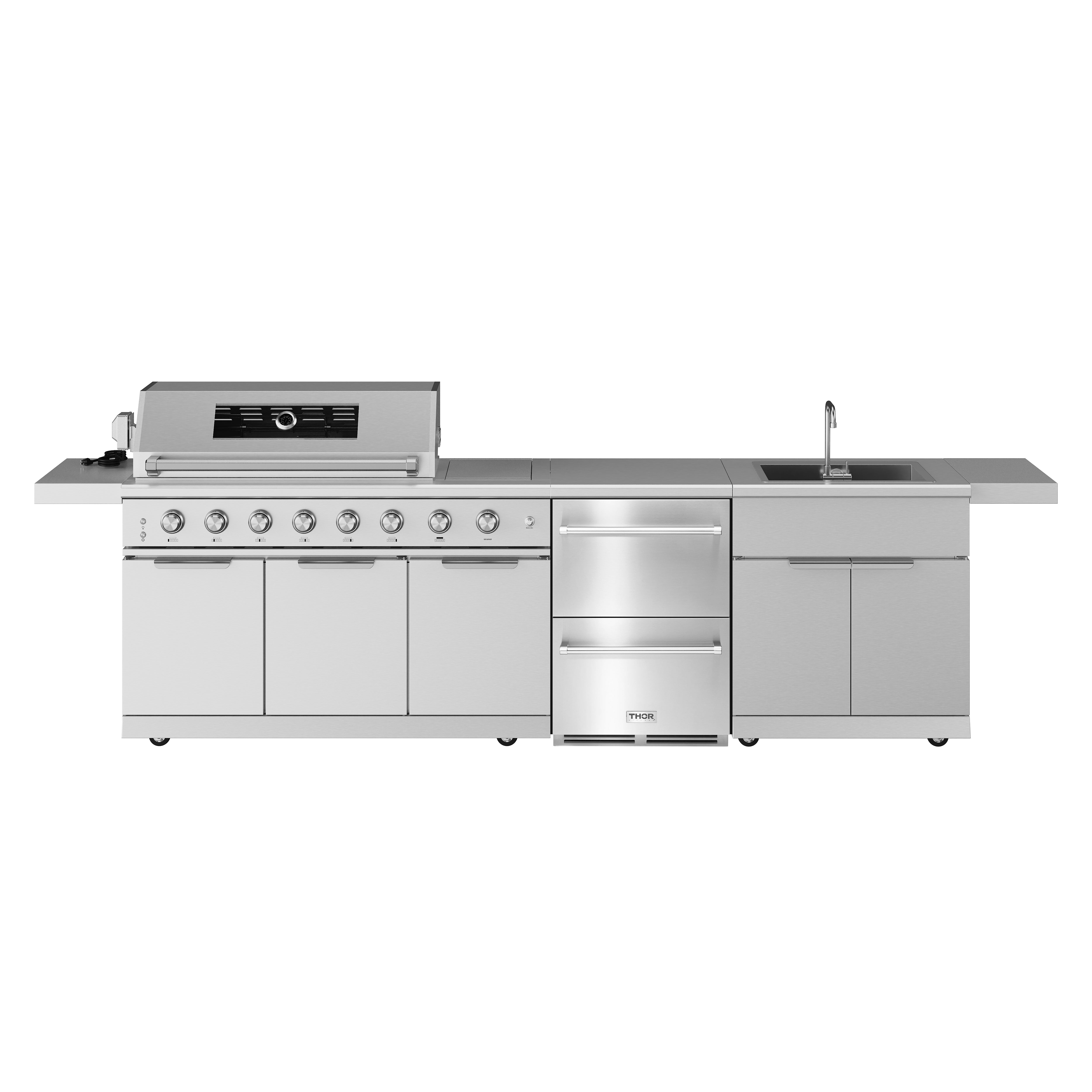 10 ft. Outdoor Kitchen Island Gas Grill with Side Burner, Sink & Undercounter Double Drawer Refrigerator in Stainless Steel
