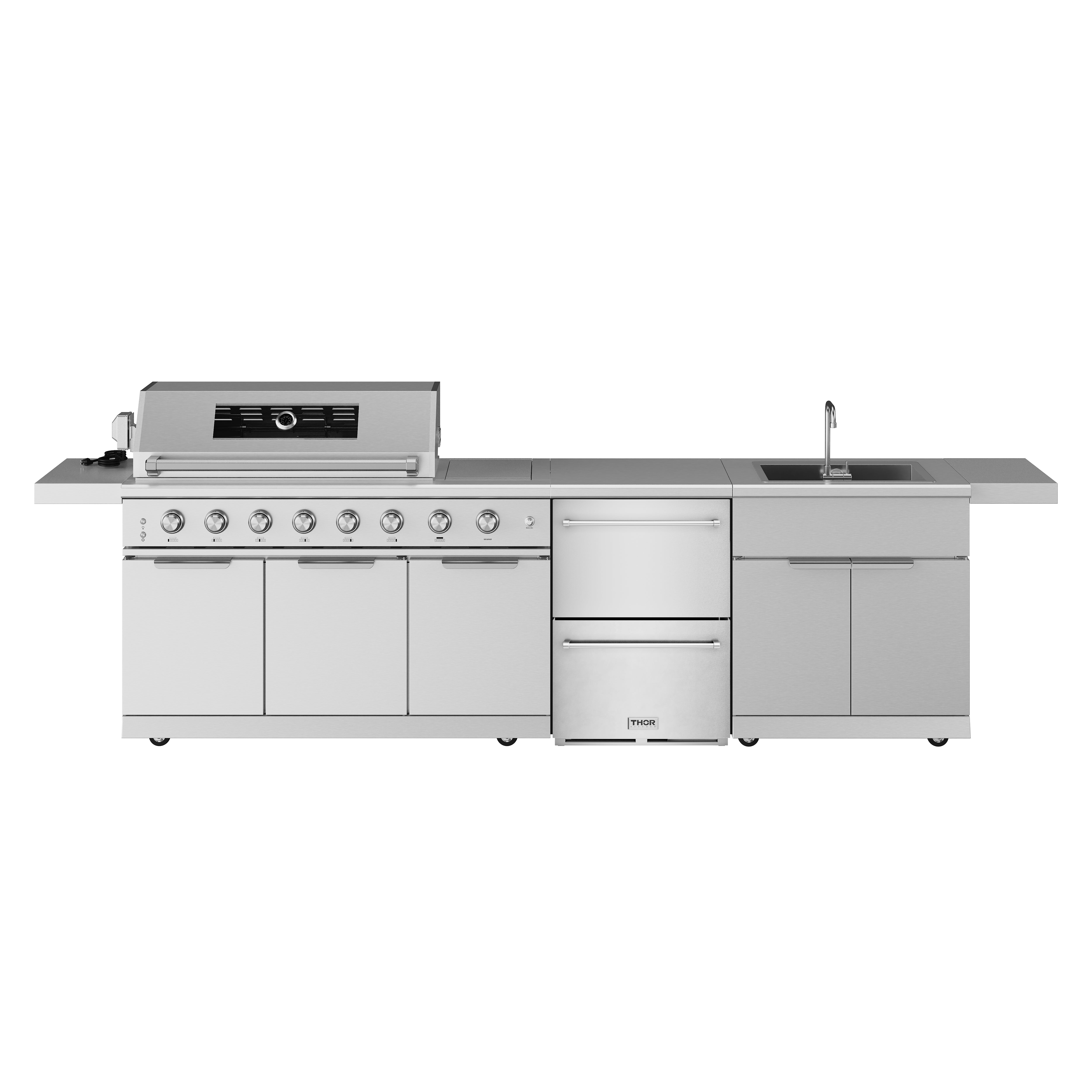 10 ft. Outdoor Kitchen Island Gas Grill with Side Burner, Sink & Undercounter Double Drawer Refrigerator in Stainless Steel