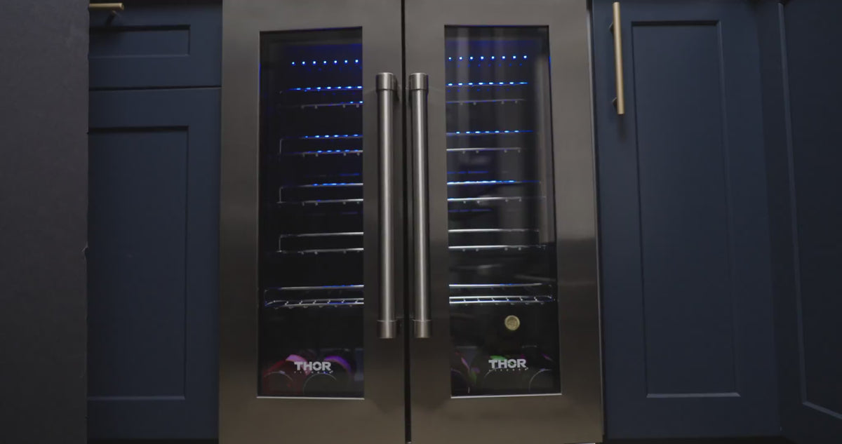 24 Inch Built-In Dual Zone Wine Cooler, 42 Bottle Capacity French Door Wine Fridge